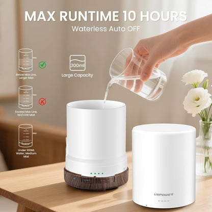 URPOWER 300ml Essential Oil Diffuser: Ultrasonic Aromatherapy Diffuser Quiet Auto Shut-Off, 4 Timer Settings(1H 3H 6H ON) & 7-Color Night Light Humidifier for Yoga Bedroom Living Room Office