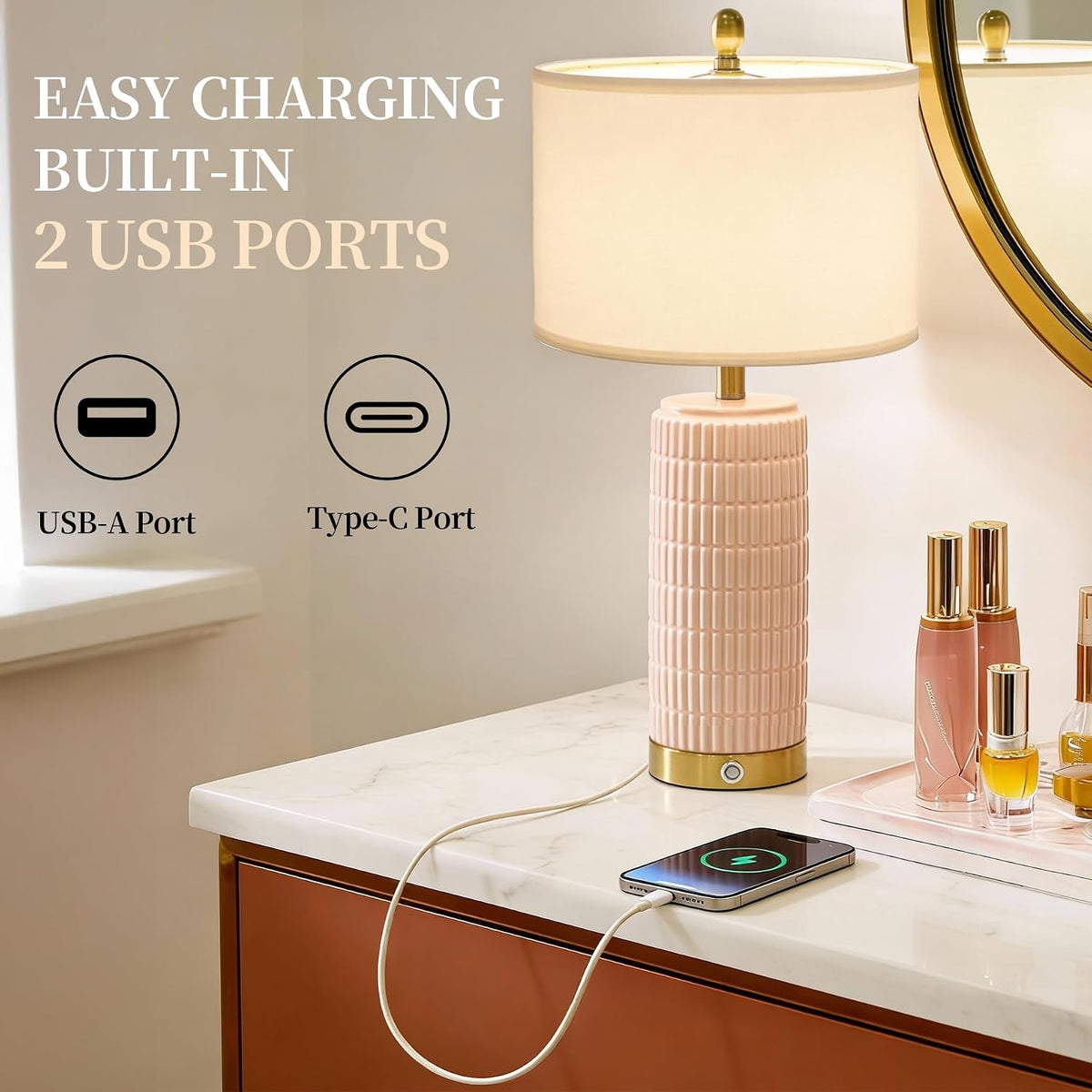 PoKat Touch Bedside Table Lamps with 2 USB for Bedroom Living Room, 25''