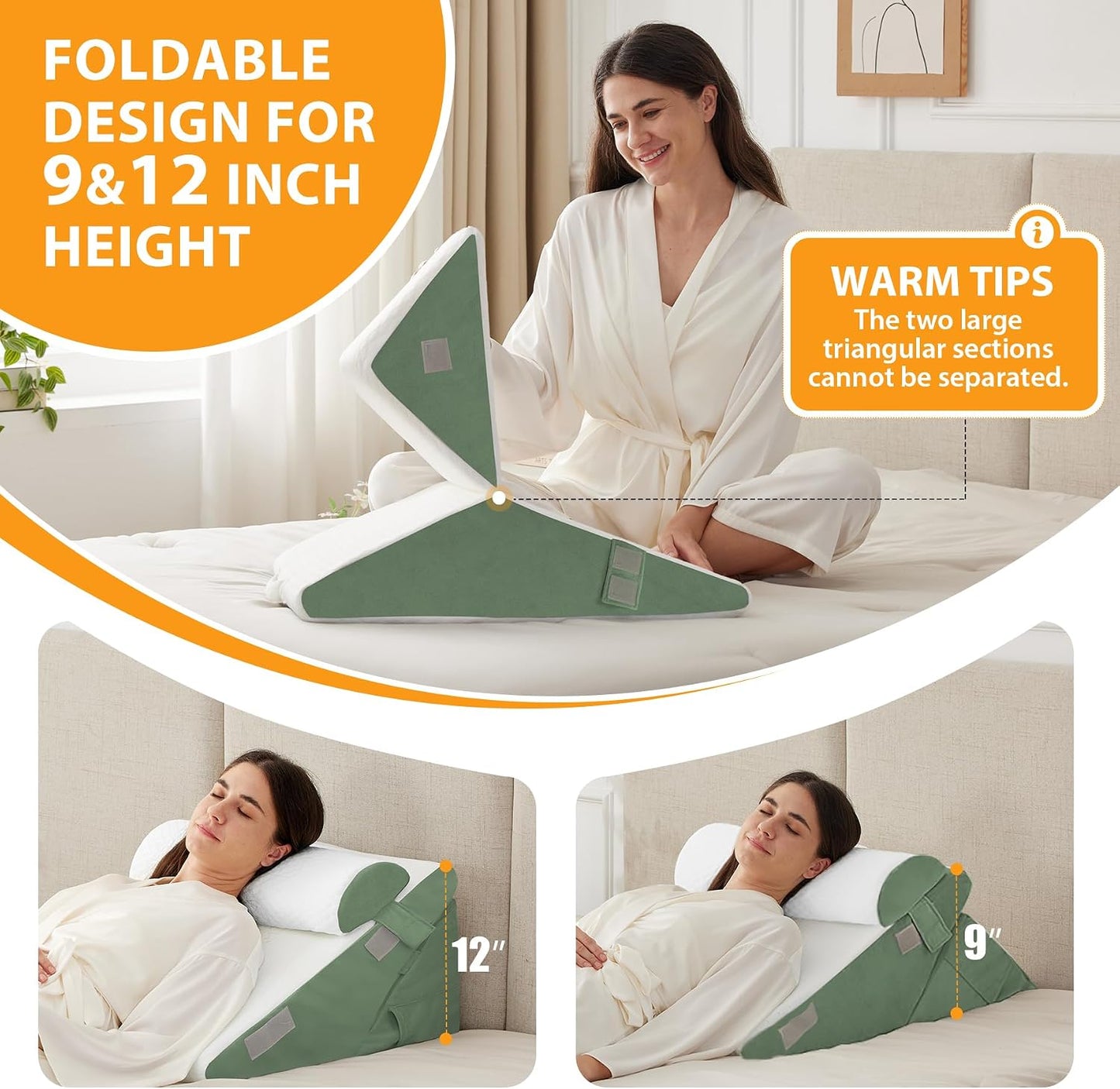 Ruqmuis Wedge Pillow Set for After Surgery, 3PCS Adjustable 9&12 Inch Bed Wedge Pillow for Sleeping, Incline Pillow Wedge for Headboard, Post Surgery, Acid Reflux, Neck&Back Support, White/Grey