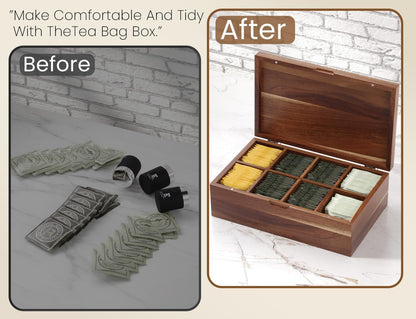 Acacia Wood Tea Bag Organizers, Tea and Sugar Packet Storage Chest with Lid, Wooden Teabag Holder Containers,Storage Box Teabox with 6 Compartments