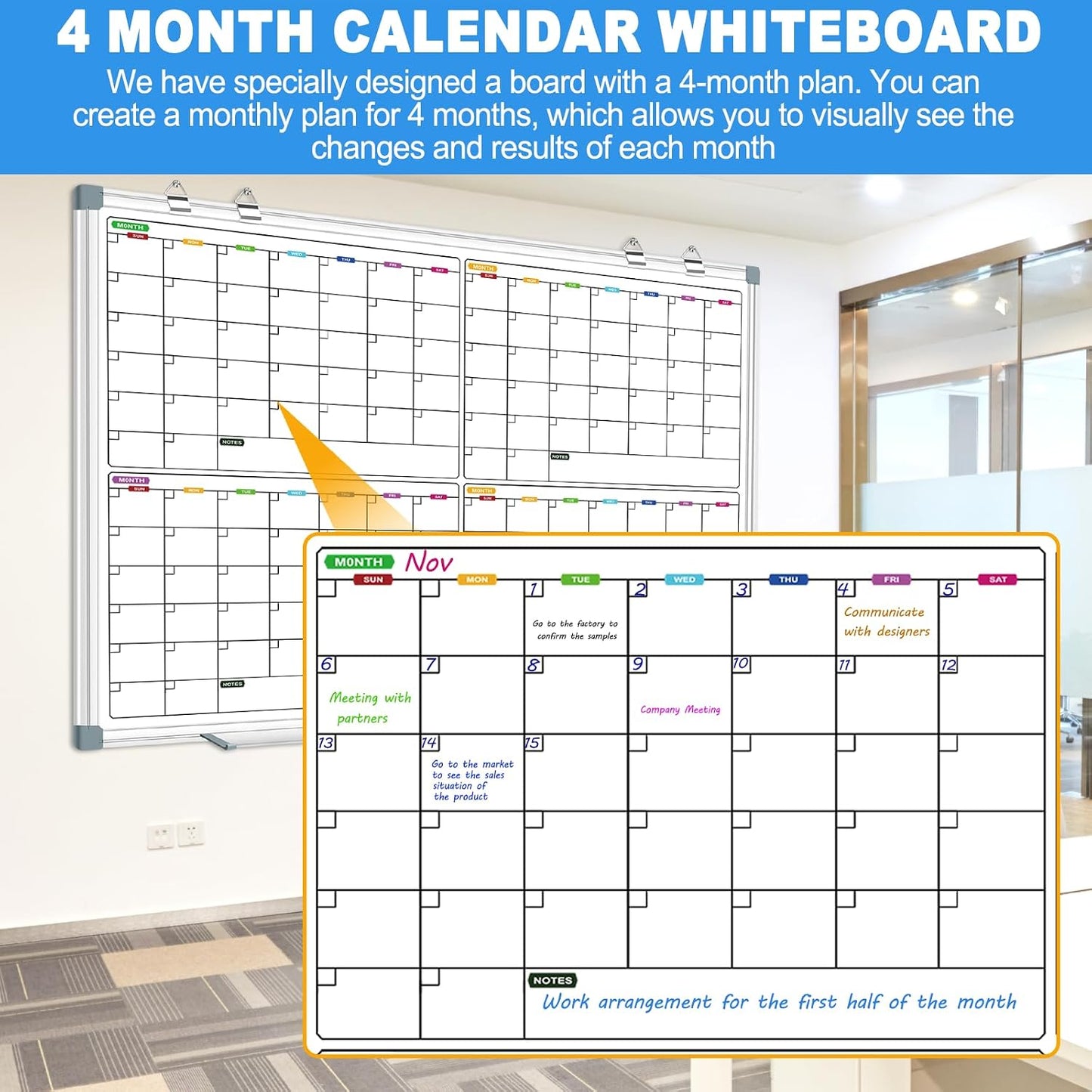 Magnetic Dry Erase Board Calendar for Wall 36" x 24", Monthly Calendar Whiteboard for Wall, Planning Board Bulletin Board Portable Board for Office, School, Home, Kitchen, Planning, Memo