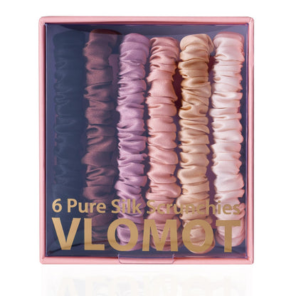 VLOMOT 6 Pcs Set 100% Pure Mulberry Silk Hair Scrunchies - 6 Chic Colors Everyday Skinny Scrunchies Silk Ponytail Holders - No Damage (Purple)