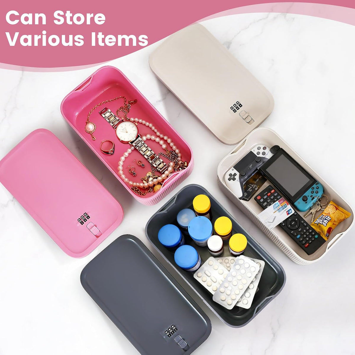 Small Lock Box, Lockable Storage Box with Combination Code for Medication Safe, Medicine Lock Box for Pills/First Aid Kits/Food/Snack Phone Jail, Locked Container for Home/Fridge/Office/School (Pink)