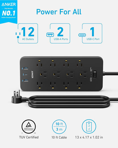 Anker Power Strip with 2100J Surge Protector, Outlet Extender, 20W, 12 AC