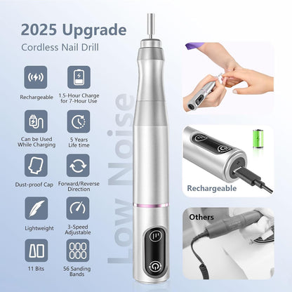 TUOBEO Cordless Nail Drill Electric Nail File Kit, Rechargeable Efile Set, Portable Acrylic Gel Nail Polish Remover Machine, Pedicure Manicure Tool, 11 Bits, 56 Sanding Bands, Salon Home, Purple