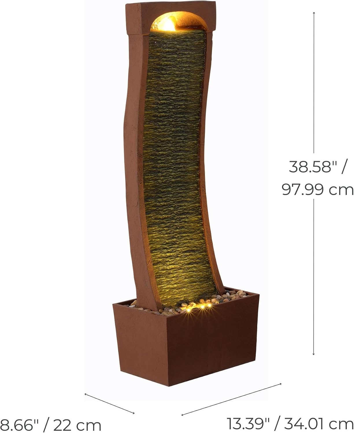 Teamson Home 38.58 in. Modern Curved Faux Slate Waterfall Fountain for Indoors or Outdoors with LED Light Accents and 1.98-Gallon Pump, Black and Stone Gray | Freestanding Floor Garden Waterfall, LED Lights, Weatherproof Polyresin, For Patio & Yard