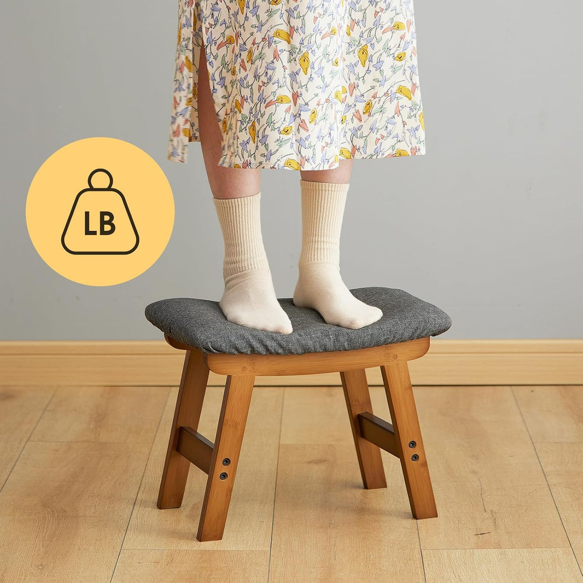 Foot Stool Ottoman Foot Rest Under Desk,Small Stool for Living Room, Bedroom and Kitchen (Brown Legs - Beige Stool Surface)