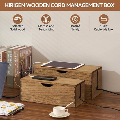 KIRIGEN Wooden Cable Management Box Set of 2, Cord Organizer, Natural
