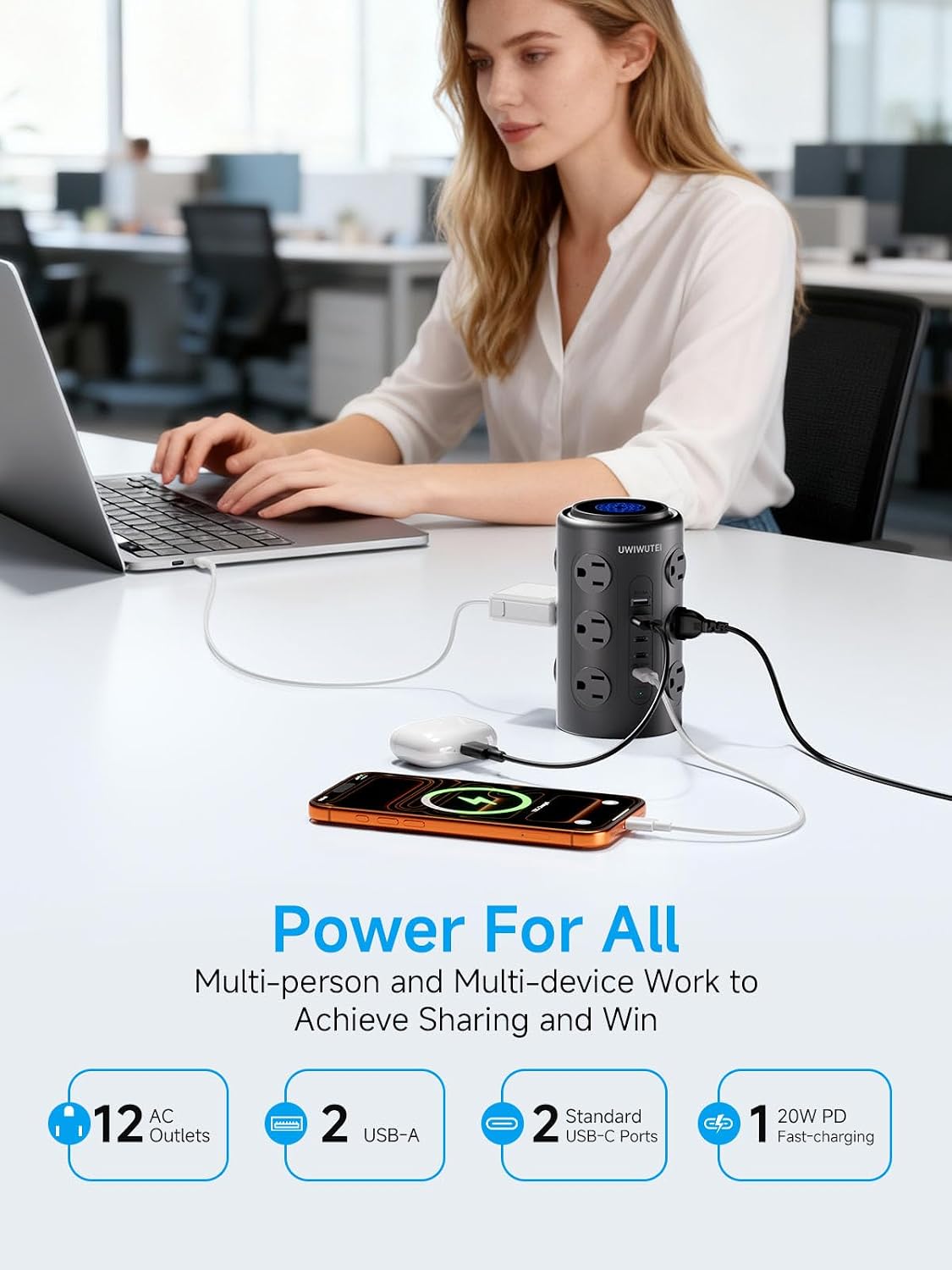 10FT Tower Power Strip with Dedicated 20W PD USB-C Port