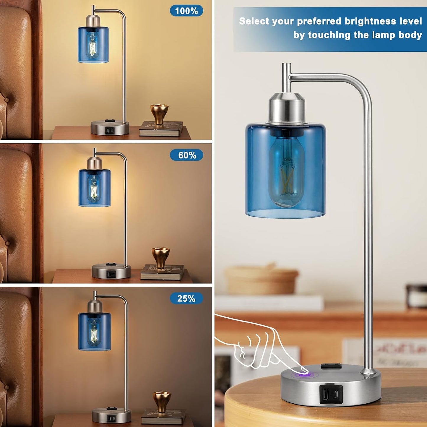 Industrial Touch Lamps for Nightstand Set of 2, 3-Way Dimmable Bedside Lamp