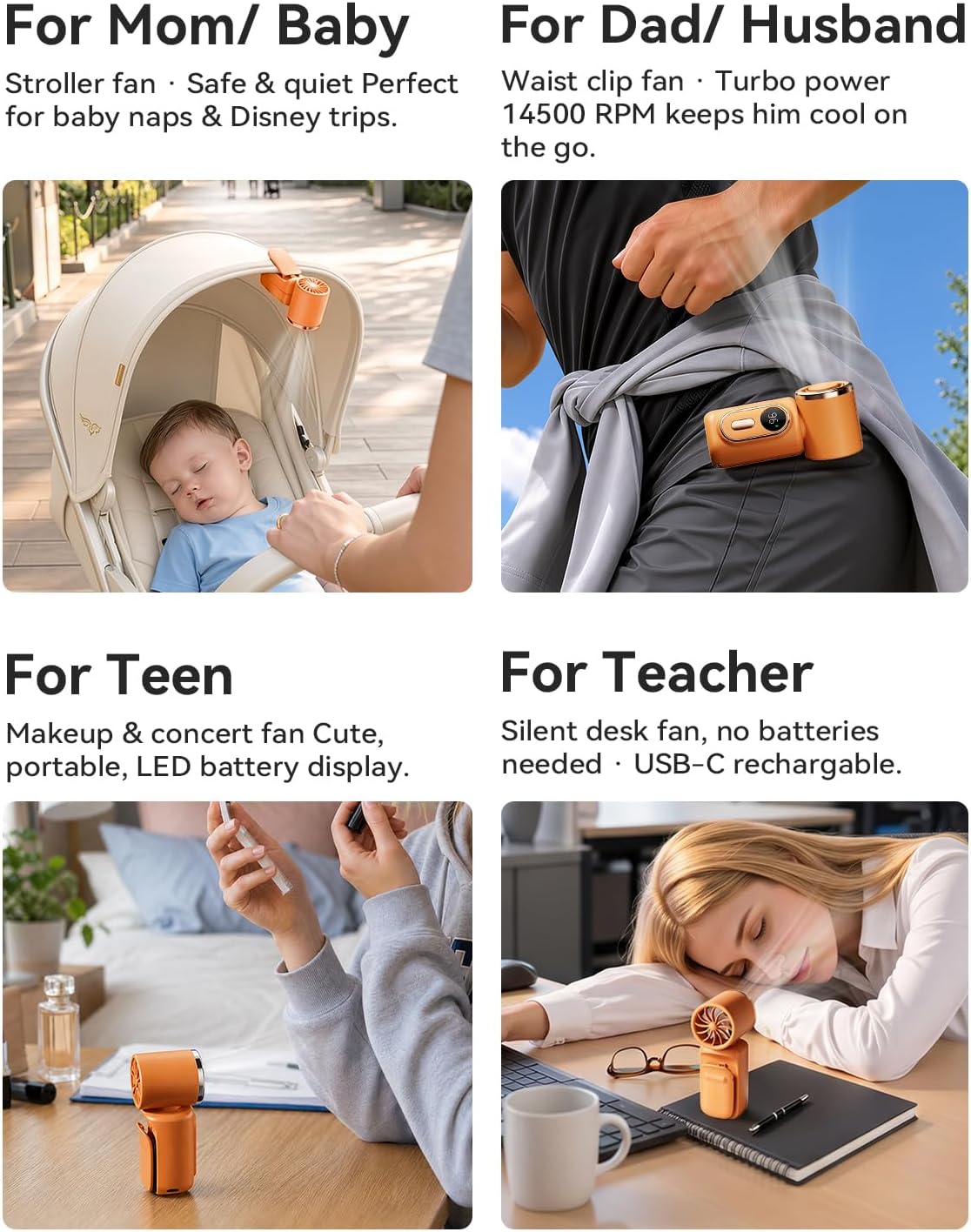 Mini Clip on Fan Handheld, 3000mAh Rechargeable Portable Fan with LED Display, 3-in-1 Personal Cooling Fan, 4 Speeds Quiet USB C Fan for Stroller Desk Travel Camping Office for Women Men Kids, Black