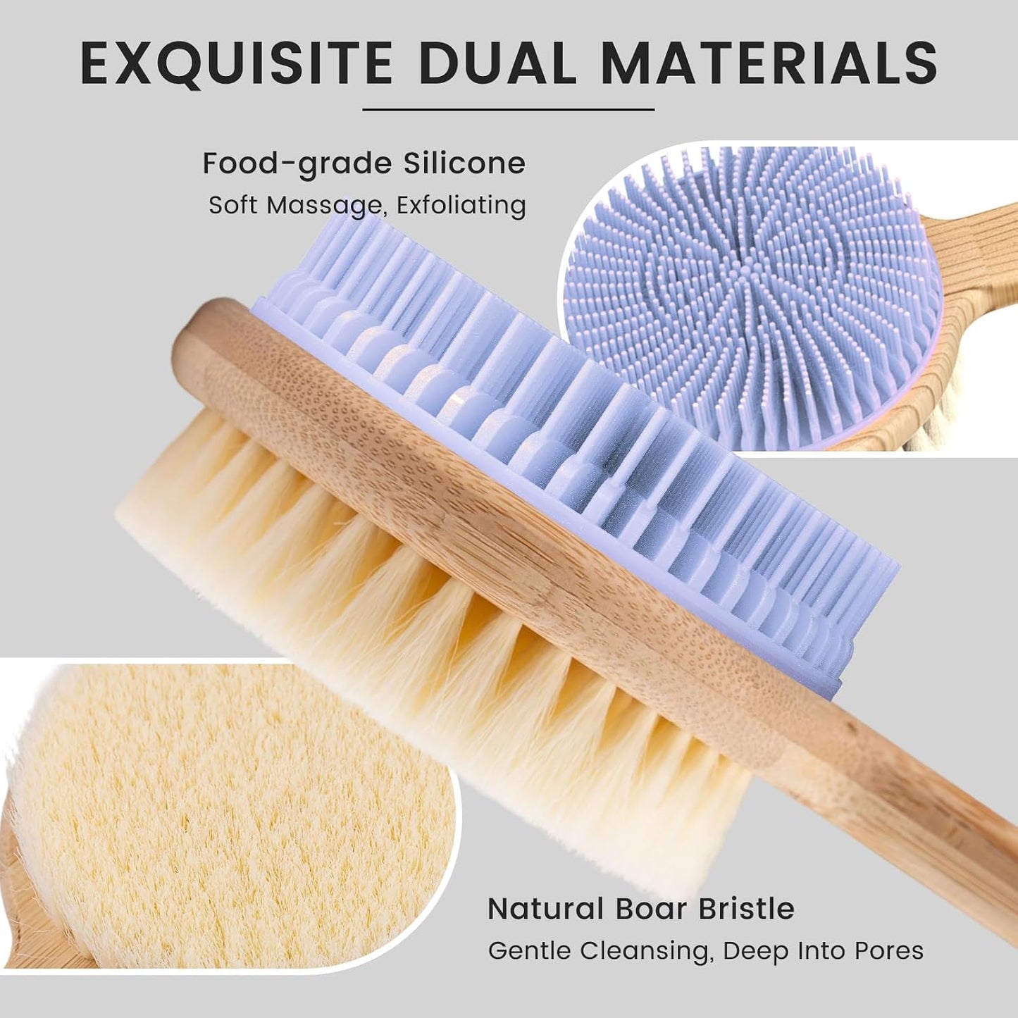 Back Scrubber for Shower，17in Bamboo with Curved Long Handle - Stiff Natural Boar Bristles for Men and Women, Deep Cleansing and Exfoliating, Anti-Slip Grip for Wet or Dry Brushing