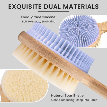 Back Scrubber for Shower，17in Bamboo with Curved Long Handle - Stiff Natural Boar Bristles for Men and Women, Deep Cleansing and Exfoliating, Anti-Slip Grip for Wet or Dry Brushing