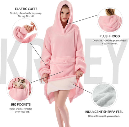 Krifey Wearable Blanket Hoodie, Oversized Sherpa Hooded Blanket for Adults | Soft sherpa fleece with sleeves and pocket; oversized fit for lounging, WFH, camping, Christmas and white elephant gifts.