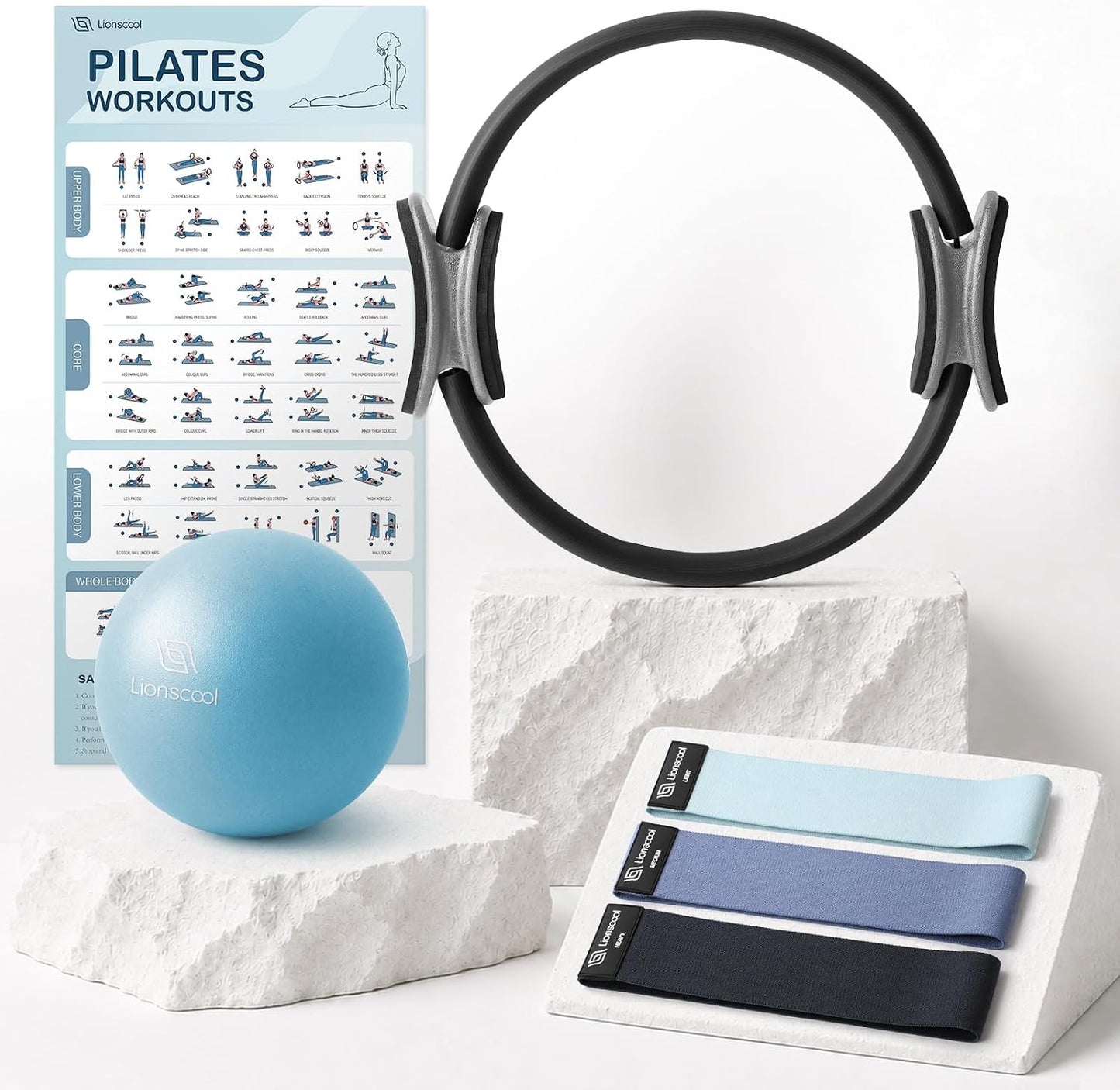 LIONSCOOL Pilates Ring Set – 14" Anti-Deformation Magic Circle with Padded Handles, Mini Ball, Resistance Bands, Guide & Bag