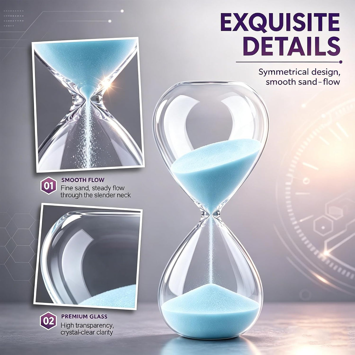 Hourglass, HoveBeaty Black Sand Timer, 15 Minute Hand-Blown Glass