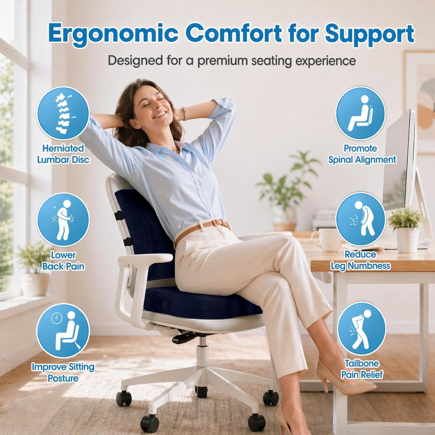 CloudBliss Lumbar Support Pillow & Seat Cushion Set for Office Chair, Desk Chair, Wheelchair & Car – Memory Foam Back Support, Ergonomic Chair Cushions, Sciatica Pain Relief, Home Essentials, Black