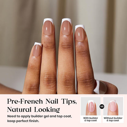 Beetles Press On Nail Kit-Short Square French Tip Press On Nails, 150Pcs Pink French Nail Tips with Nail Glue & Remover Builder Top Coat Nail Lamp, All-in-One DIY Fake Nails Gift for Women
