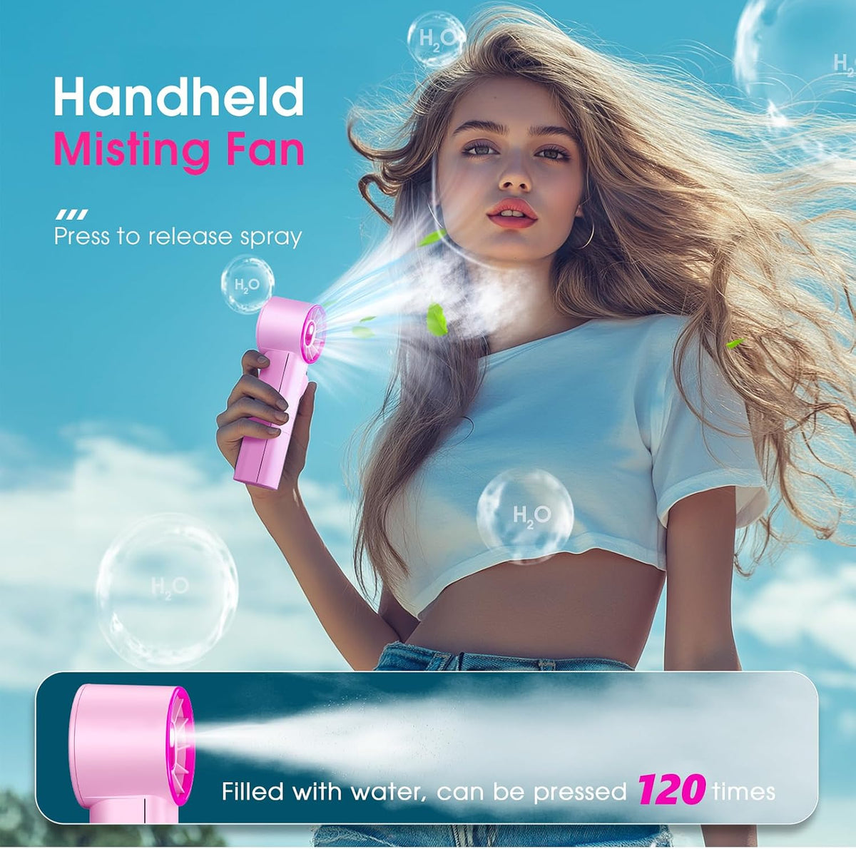 Ausic Portable Handheld Misting Fan, Pink Turbo Fans with Mist, High-Speed, Personal Small Water Spray Fan, Outdoor Cooling Rechargeable Battery Pocket Fans for Kids/Travel/Makeup/Shopping