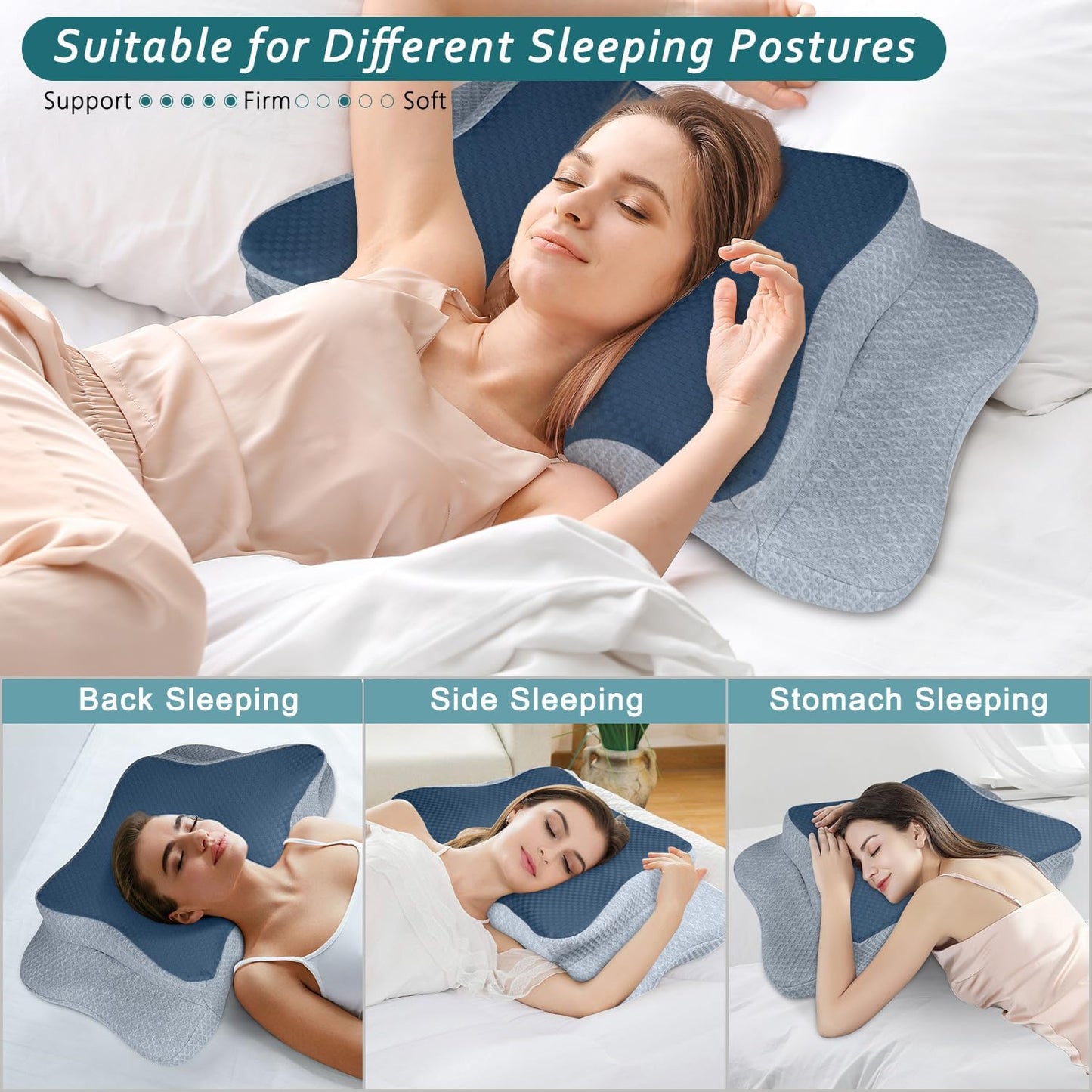 CHxxy Cervical Neck Pillow for Pain Relief Sleeping, Memory Foam Pillows, Ergonomic Side Sleeper Pillows, Cooling Orthopedic Neck Support Pillow for Back Stomach Sleepers-Queen Size Grey&Grey