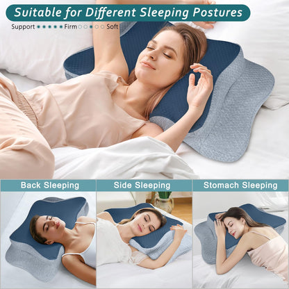 CHxxy Cervical Neck Pillow for Pain Relief Sleeping, Memory Foam Pillows, Ergonomic Side Sleeper Pillows, Cooling Orthopedic Neck Support Pillow for Back Stomach Sleepers-Queen Size Grey&Grey