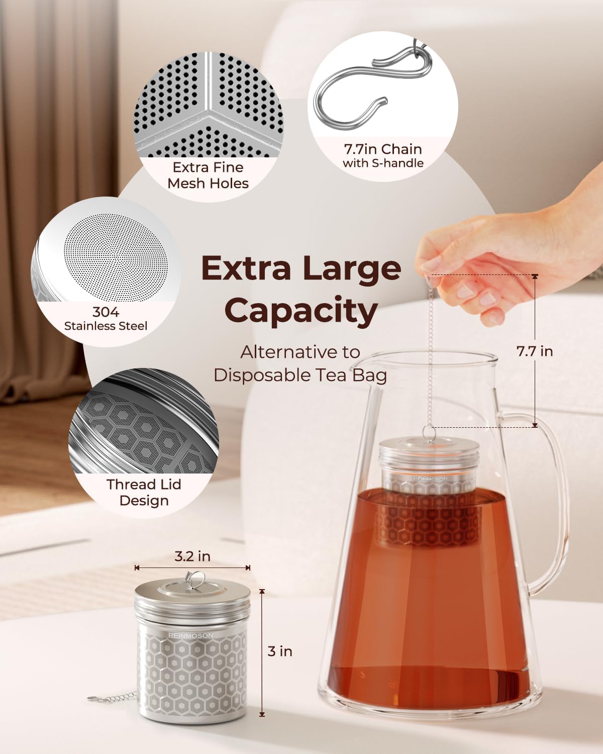 Reinmoson Large Tea Infuser for Loose Tea & Spice Infuser for Cooking, Extra Fine Mesh Tea Strainers, 304 Stainless Steel Loose Leaf Tea Steeper for Black Tea, Rooibos, etc