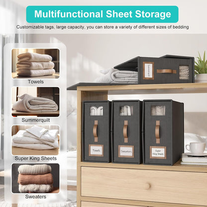 Bed Sheets Organizers And Storage,Sheets Set Folder Keeper with Handle,Foldable Bedding Storage Box For Linen Closet,Duvet Cover(King Size-3.7 Gal,Beige)