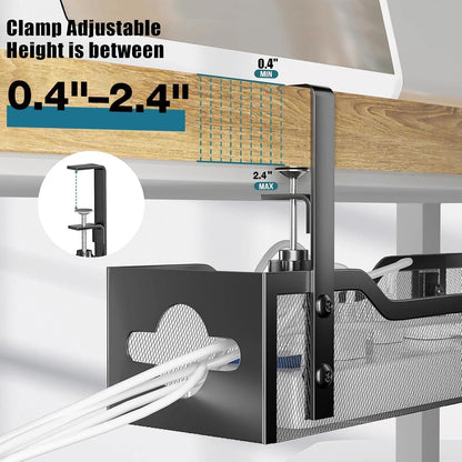 Under Desk Cable Management Tray No Drill, Metal Mesh Cable Management Under Desk with Clamp Mount, 2 Hole Cable Tray with Wire Management and Cord Organizer for Home Office Standing Desk