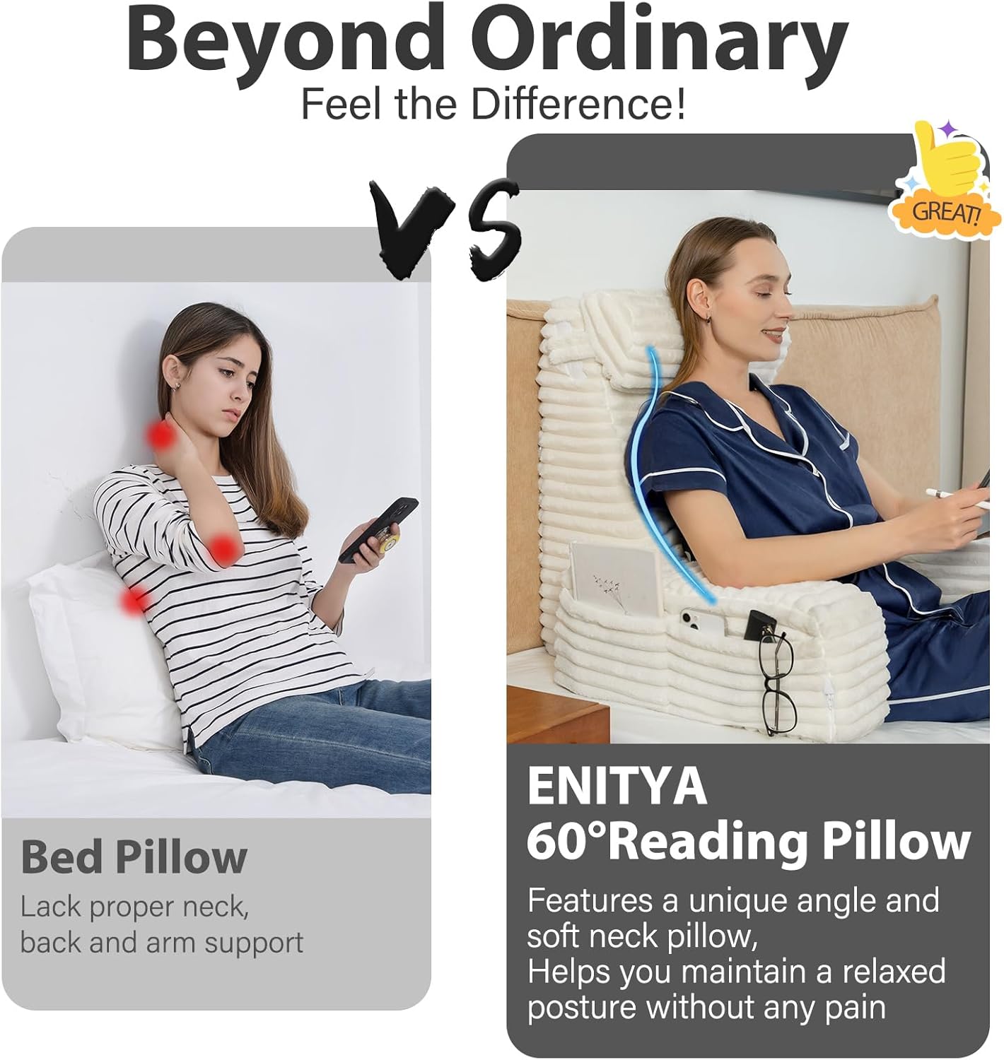 ENITYA 22" XL Back Pillow for Bed Sitting Up, Reading Pillow with Armrests & Big Pockets, Soft Back Support Chair, Ideal for Watching TV, Gaming, Nursing, Resting, Post Surgery, Dark Grey
