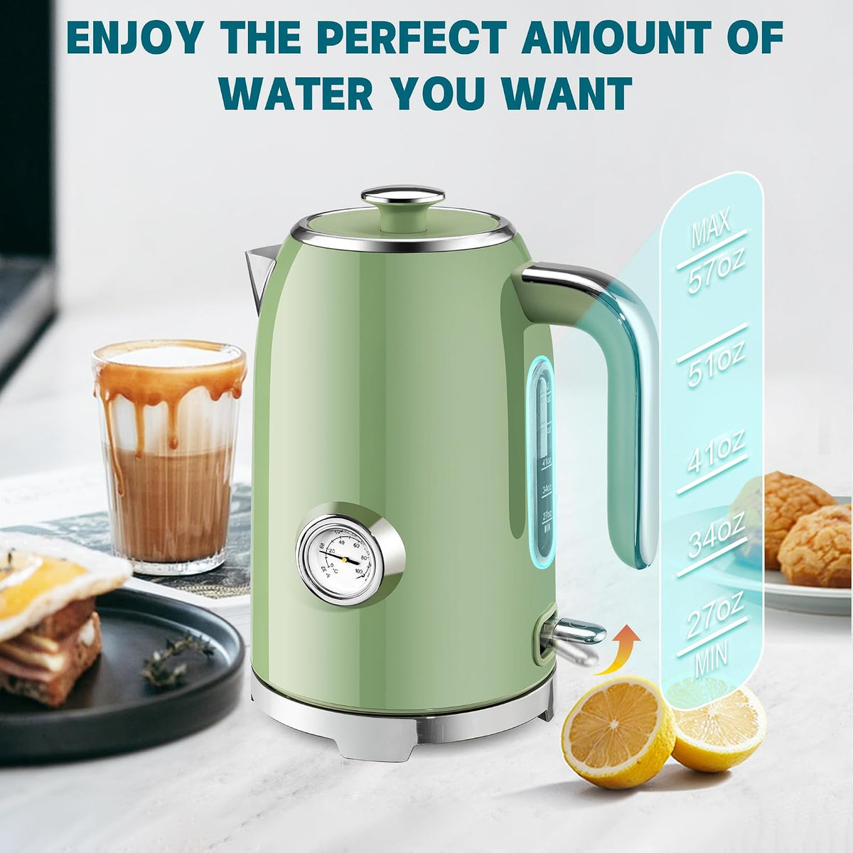 SUSTEAS 57oz Electric Kettle with Thermometer, Hot Water Pot, Retro Green