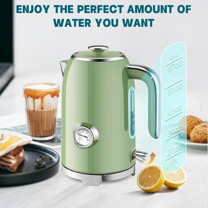 SUSTEAS 57oz Electric Kettle with Thermometer, Hot Water Pot, Retro Green