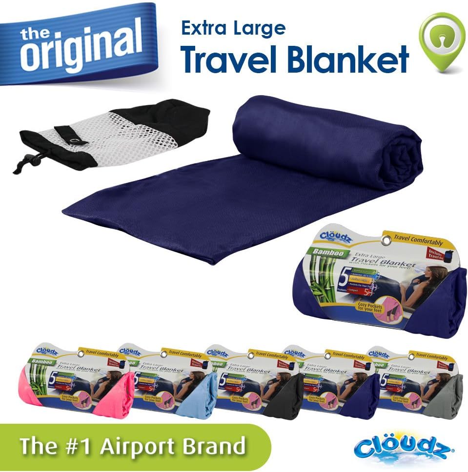 Cloudz Extra Large Airplane Travel Blanket for Your Flight, Car, Camping, Home or Comforting Warmth Anywhere! Includes Warm Cozy Pockets for Your Feet and a Travel Bag - Charcoal