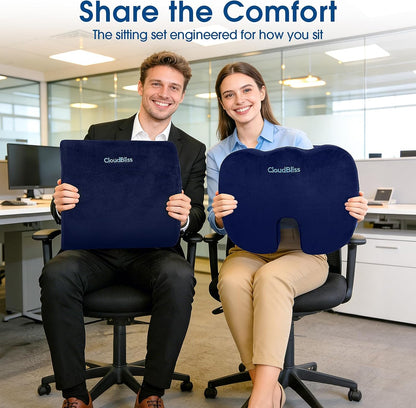 CloudBliss Lumbar Support Pillow & Seat Cushion Set for Office Chair, Desk Chair, Wheelchair & Car – Memory Foam Back Support, Ergonomic Chair Cushions, Sciatica Pain Relief, Home Essentials, Black