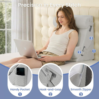 Sasttie Wedge Pillow Set for After Surgery, 2PCS Adjustable Bed Wedge Pillow Headboard with Memory Foam Neck Cushion – for Acid Reflux, Sleeping, Neck & Back Support, Dark Grey & White