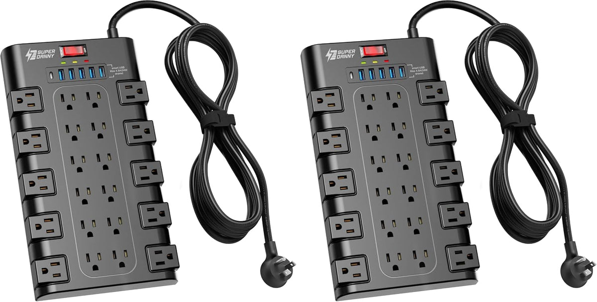 SUPERDANNY Power Strip Surge Protector, 22 AC 6 USB, 2100J, 6.5Ft,1875W/15A