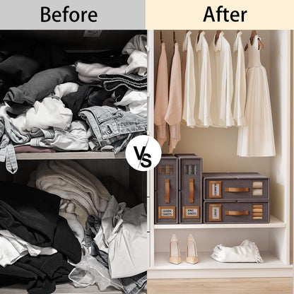 Bed Sheet Organizers and Storage (4 Pack, Queen & King Size) – Foldable Linen Closet Organizers with Window & Label, Zipper Bedding Storage Box for Sheets, Duvet Covers, Pillow Cases – Gray