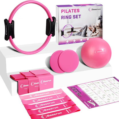 Goocrun Pilates Ring Set Exercise Equipment, with Exercise Resistance Bands Set, Pilates Ball, Sliding Disks. Portable Home Gym - with Fitness Guide Poster
