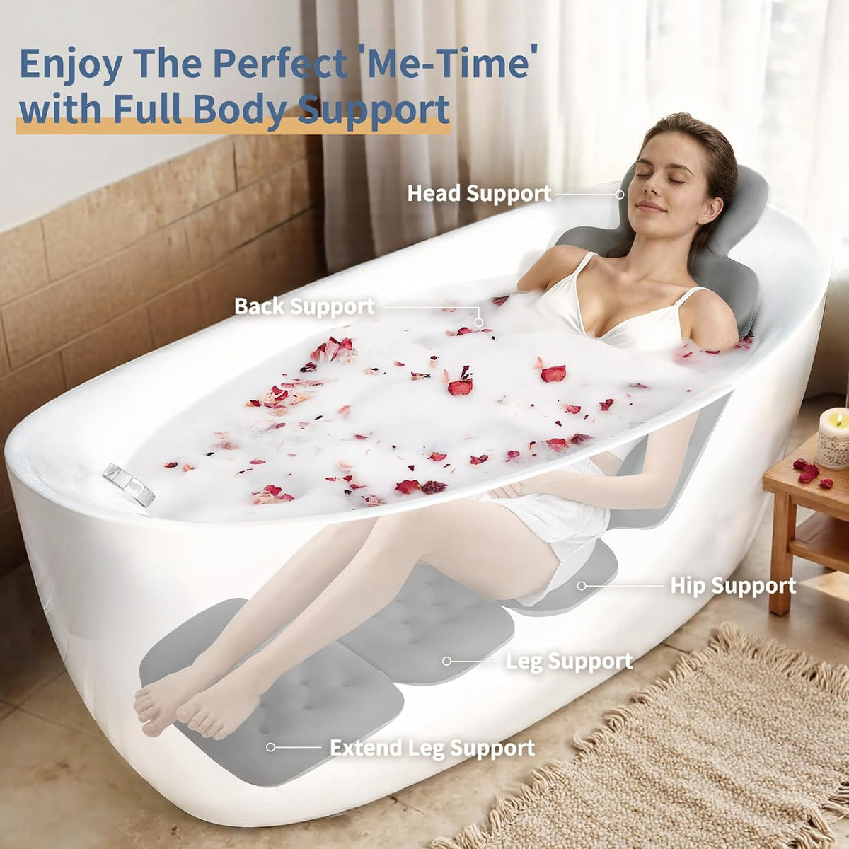 Luxury Bath Cushion, Full Body Bathtub Pillow with 160 Suction Cups, Bath Mat for Head and Neck Support, with Laundry Bag (Blue, 51" x 16")