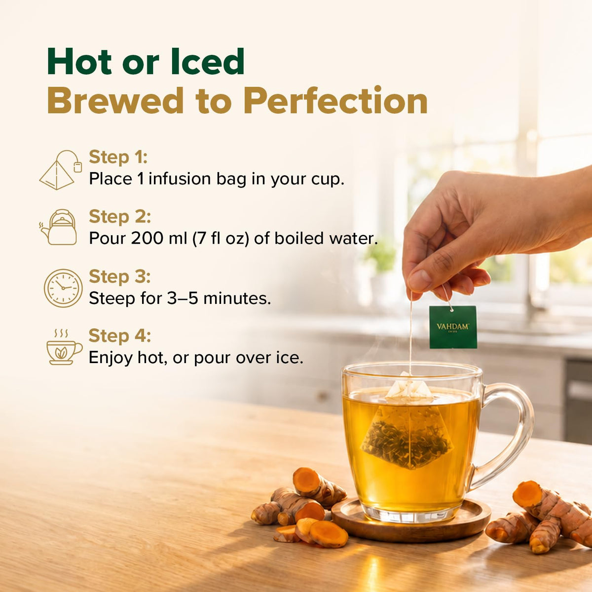 VAHDAM Organic Turmeric Ginger Herbal Tea Bags (100 Pyramid Tea Bags) Caffeine Free, Non GMO | 100% Pure Herbal Blend - Savory & Spicy, Plant-Based Teabags | Resealable Ziplock Pouch