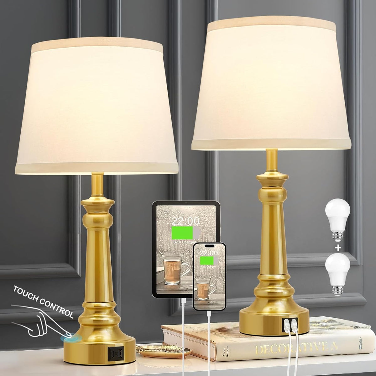 EJIAXIN Lamps for Bedrooms Set of 2, Brushed Nickel Bedside Lamps with USB C+A Ports,Dimmable Nightstand Lamps with Fabric Lampshade, Touch Table Lamp for Living Room Bedroom Office, Bulbs Included