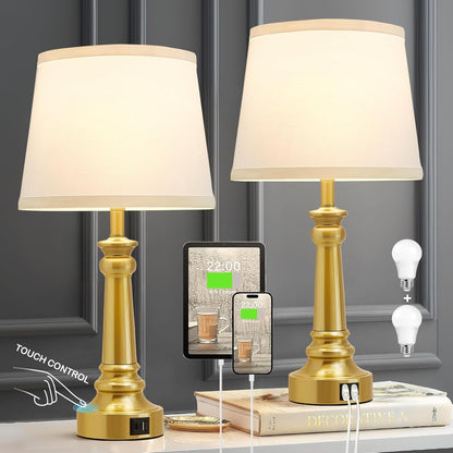 EJIAXIN Lamps for Bedrooms Set of 2, Brushed Nickel Bedside Lamps with USB C+A Ports,Dimmable Nightstand Lamps with Fabric Lampshade, Touch Table Lamp for Living Room Bedroom Office, Bulbs Included