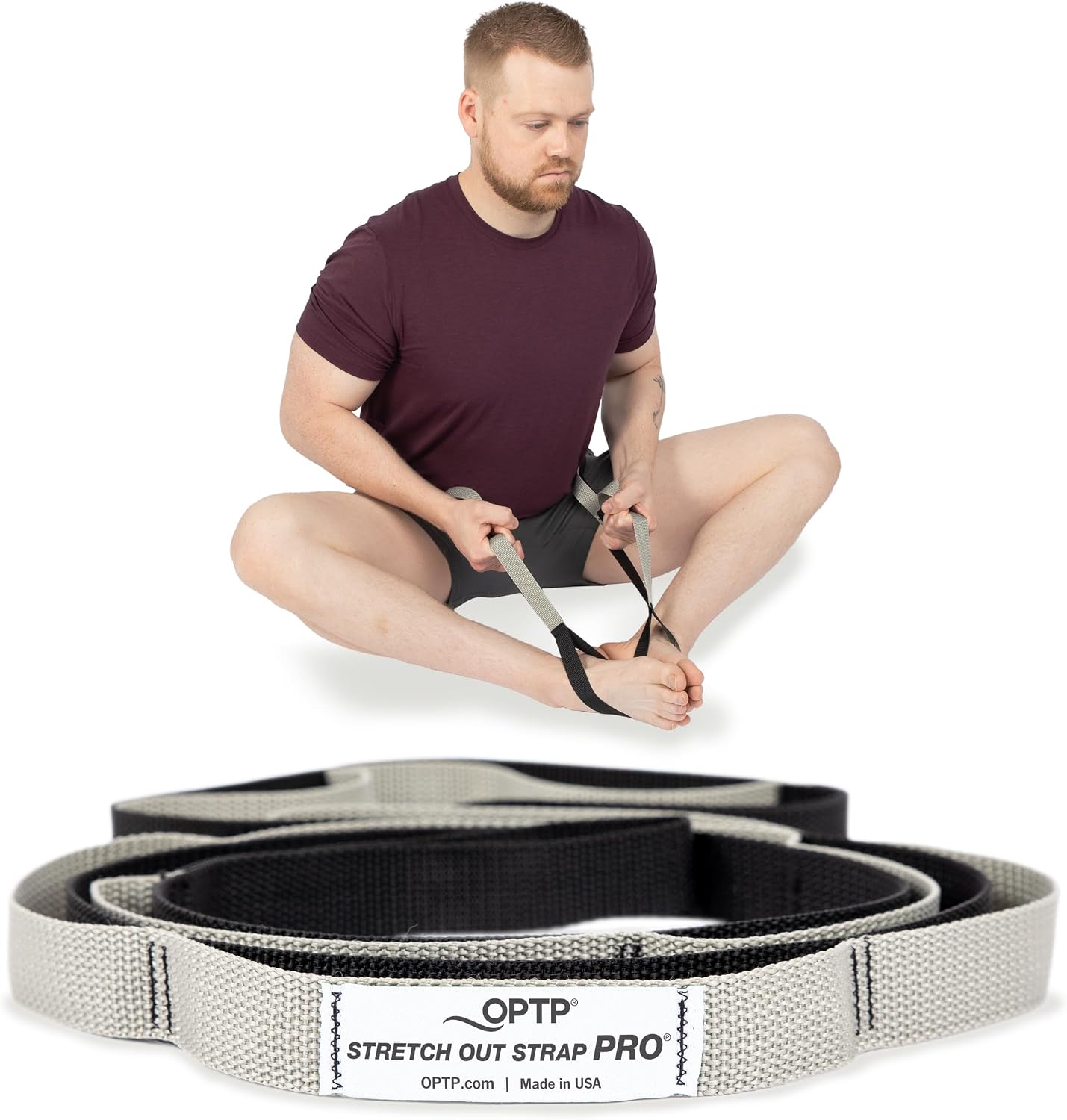 OPTP Stretch Out Strap Pro with Stretching Exercise Book, 11 Loop Stretching Strap for Yoga and Pilates, Physical Therapy Strap for Leg and Knee Recovery. Made in the USA