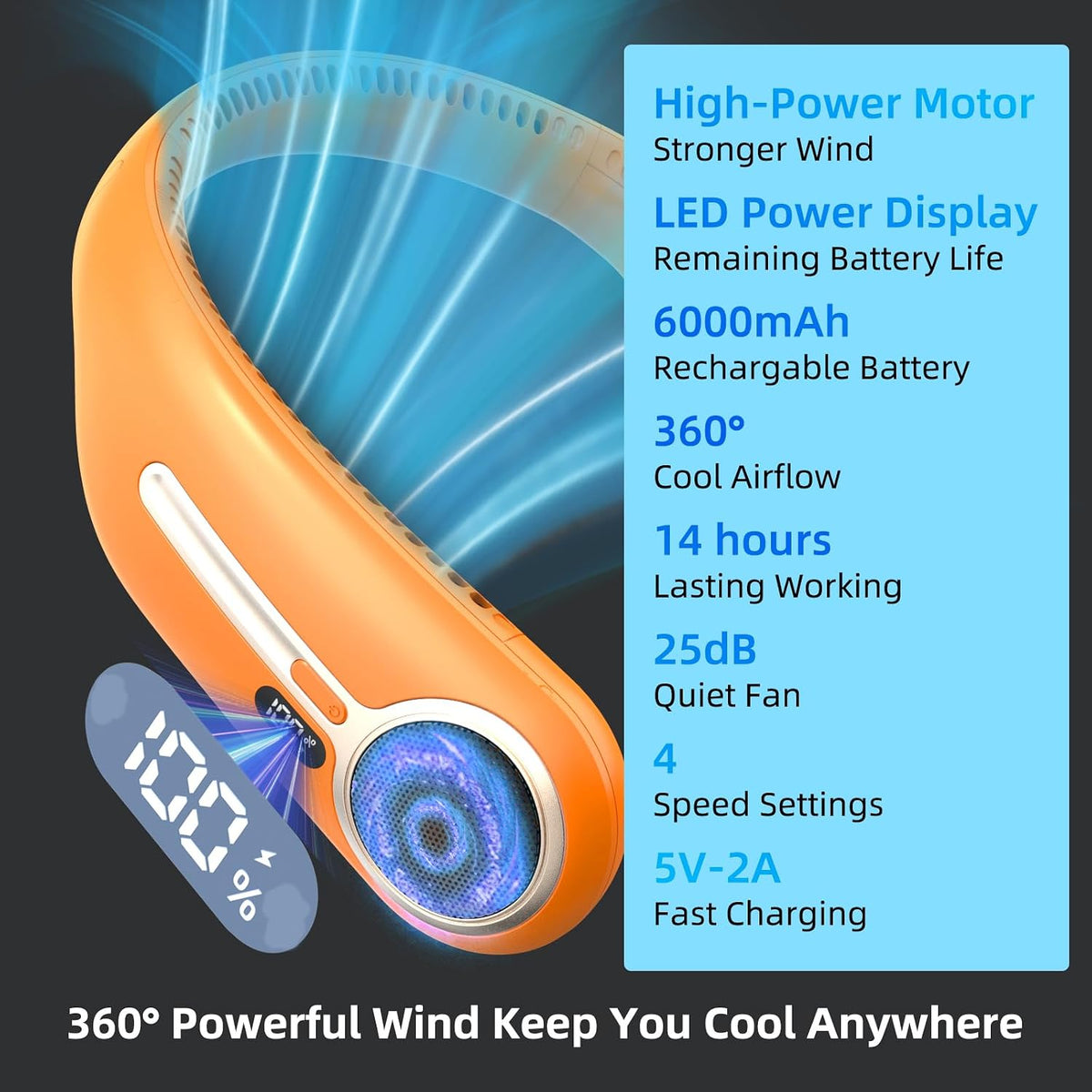 Portable Neck Fan, Personal Wearable Bladeless Fan, 6000mAh USB Rechargeable, 360° Airflow, LED Display, 4-Speeds, Hands Free Fan for Outdoor Indoor, Birthday Gifts for Men Women Dad Mom (Black)