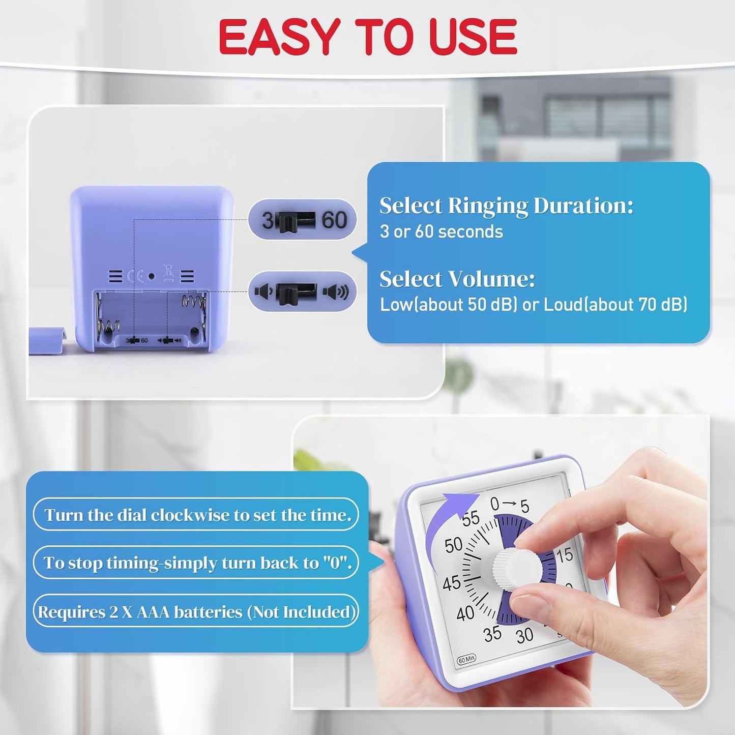 Secura 60-Minute Visual Timer, Classroom Timer, Countdown Timer for Kids and Adults, Time Management Tool for Teaching (Navy Blue & Navy Blue)
