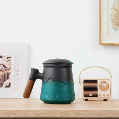 ZENS Embossed Ceramic Tea Mug with Infuser and Lid, 14.5 oz Wooden Handle, Loose Leaf Tea Steeper Cup & Strainer for Tea Lovers Gifts