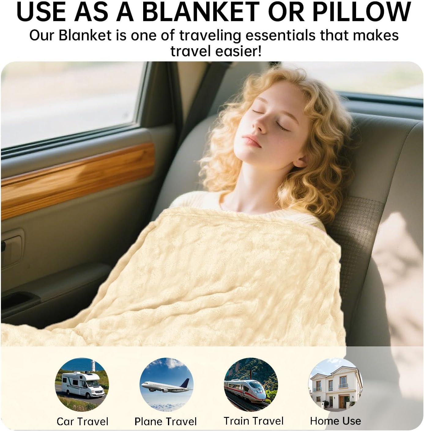Travel Blanket and Pillow-2-in-1, Ultra-Soft&Compact, One-Piece Airplane Blanket with Hand Luggage Belt and Backpack Clip,Travelers Accessories Gifts, 61x43 Inches (Blue)