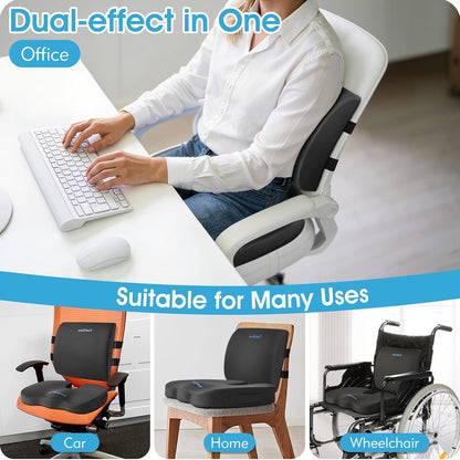 CushZone Ergonomic Seat Cushion & Lumbar Support Pillow - Memory Foam for Sciatica Pain Relief & Posture Correction, Non-Slip Chair Cushions for Office Chair/Car/Wheelchair/Travel (Black)