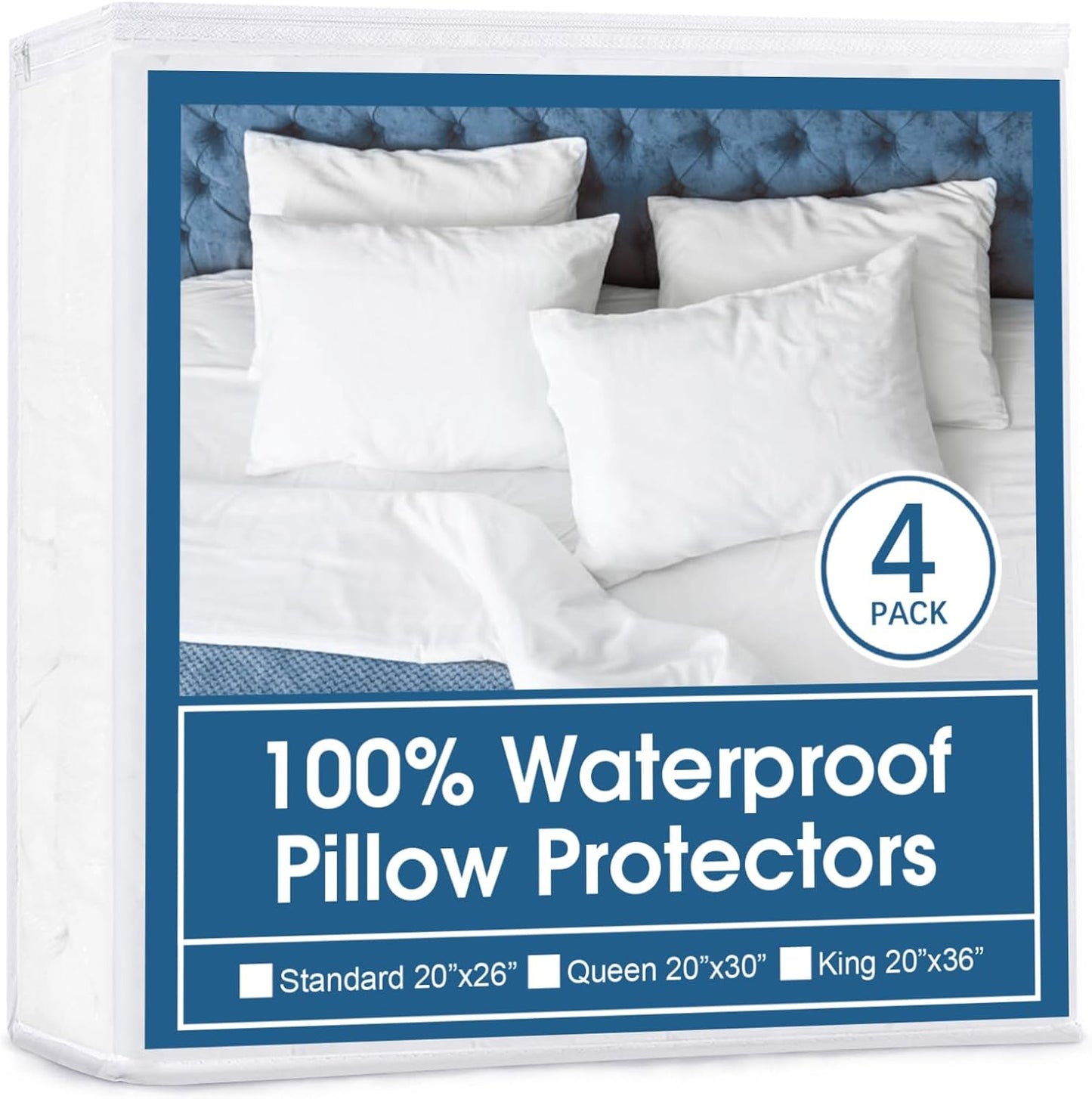 4 Pack Pillow Protectors with Zipper Standard Size, Waterproof, White