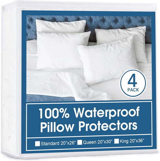 4 Pack Pillow Protectors with Zipper Standard Size, Waterproof, White