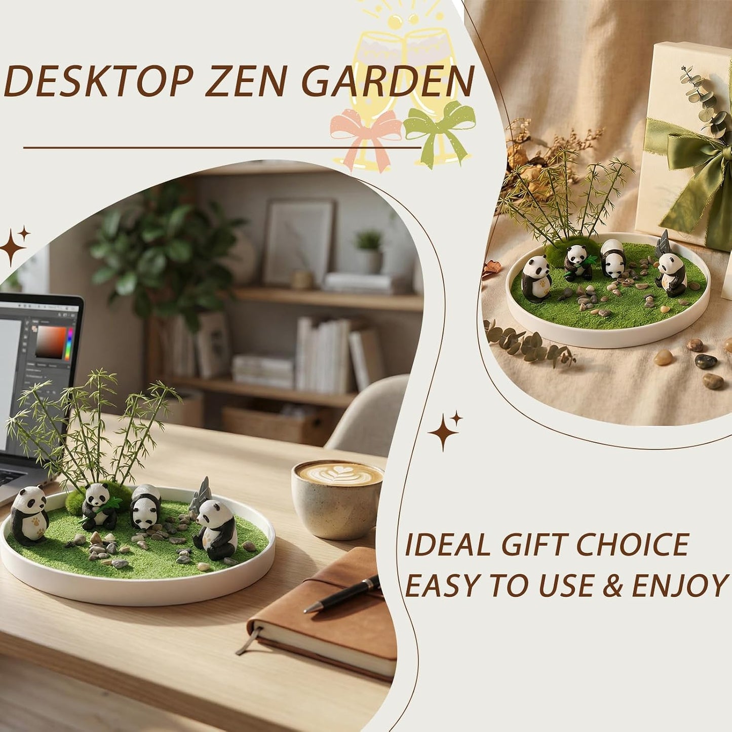 Panda Zen Garden Kit, Desktop Zen Garden,with Haystack,Rockery,Rake and Landscape Stones,for Home Office Desk Decor & Stress Relief
